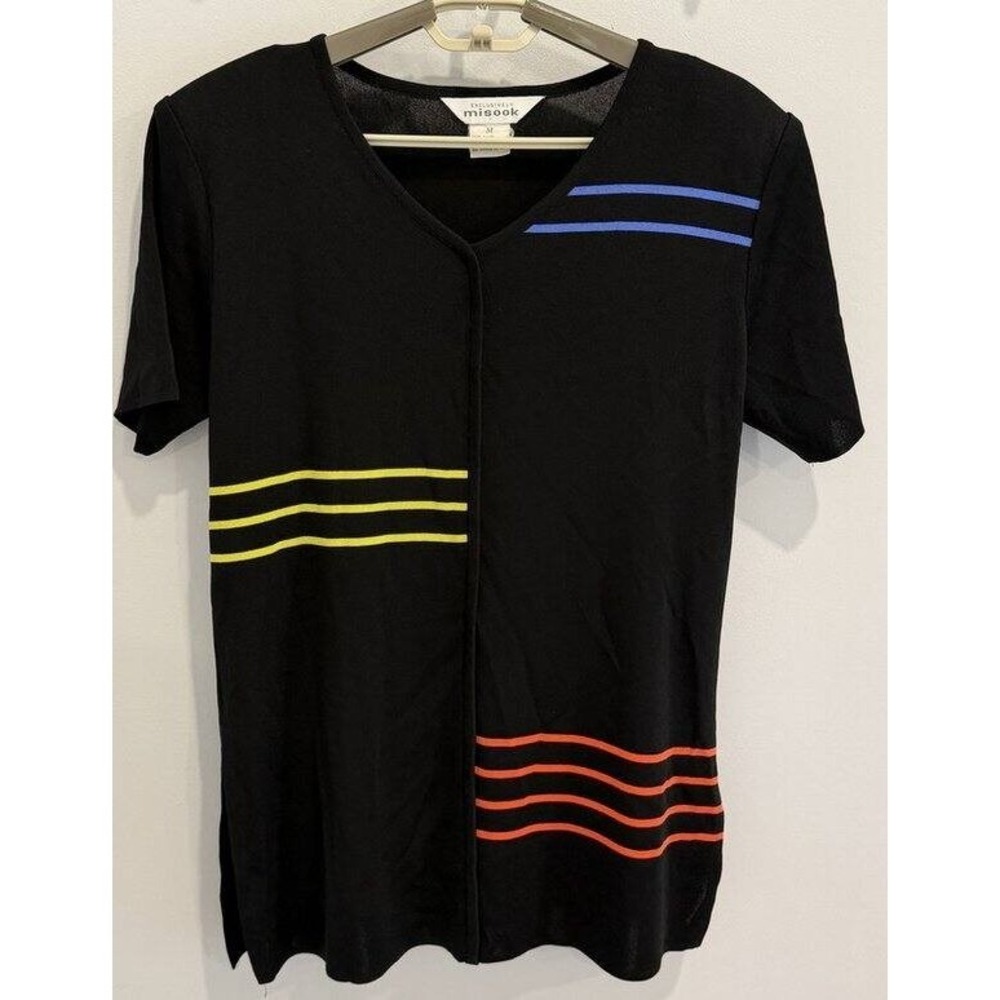 Exclusively Misook Womens V Neck Seam Front Short Sleeve Shirt Stripes Size M